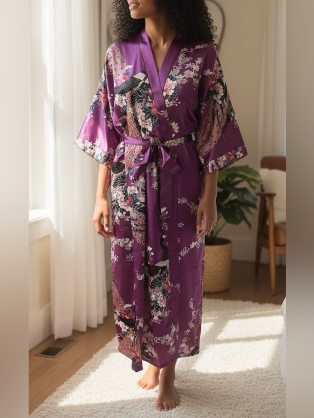 Babeyond Kimono Duster One Size Deep Purple Women’s Long With Peacock & Blossoms
